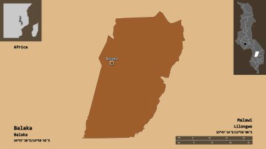 Balaka 'nın şekli, Malawi ilçesi ve başkenti. Uzaklık ölçeği, ön gösterimler ve etiketler. Düzenli desenli dokuların bileşimi. 3B görüntüleme