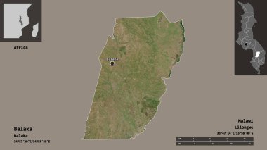 Balaka 'nın şekli, Malawi ilçesi ve başkenti. Uzaklık ölçeği, ön gösterimler ve etiketler. Uydu görüntüleri. 3B görüntüleme