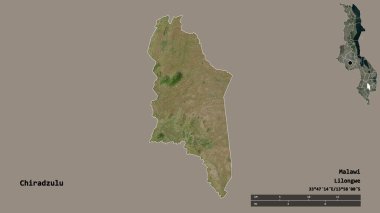 Malawi 'nin Chiradzulu ilçesi, başkenti sağlam arka planda izole edilmiştir. Uzaklık ölçeği, bölge önizlemesi ve etiketleri. Uydu görüntüleri. 3B görüntüleme