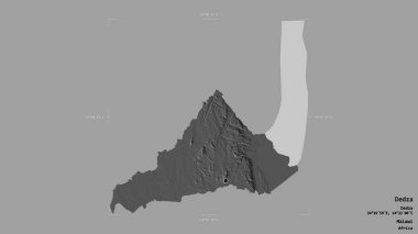 Dedza bölgesi, Malawi bölgesi, katı bir arka planda izole edilmiş bir sınır kutusunda. Etiketler. Çift seviyeli yükseklik haritası. 3B görüntüleme