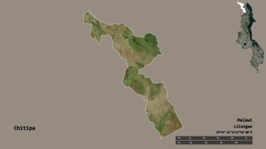 Malawi 'nin Chitipa ilçesi, başkenti sağlam arka planda izole edilmiştir. Uzaklık ölçeği, bölge önizlemesi ve etiketleri. Uydu görüntüleri. 3B görüntüleme