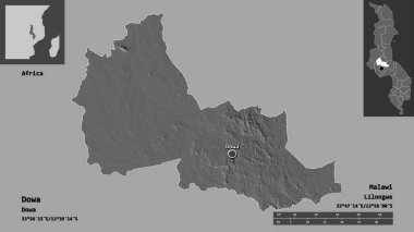 Dowa 'nın şekli, Malawi ilçesi ve başkenti. Uzaklık ölçeği, ön gösterimler ve etiketler. Çift seviyeli yükseklik haritası. 3B görüntüleme