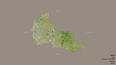 Dowa bölgesi, Malawi bölgesi, katı bir arka planda izole edilmiş bir sınır kutusunda. Etiketler. Uydu görüntüleri. 3B görüntüleme