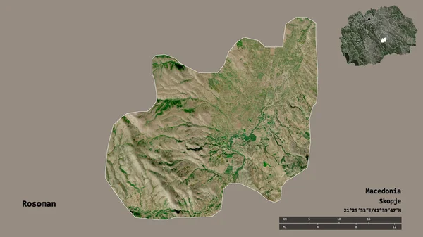 马其顿共和国罗索曼市的形状 其首都在坚实的背景下与世隔绝 距离尺度 区域预览和标签 卫星图像 3D渲染 — 图库照片