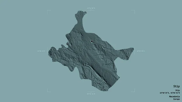 马其顿市Stip地区 在一个地理参照框的坚实背景下被隔离 彩色高程图 3D渲染 — 图库照片