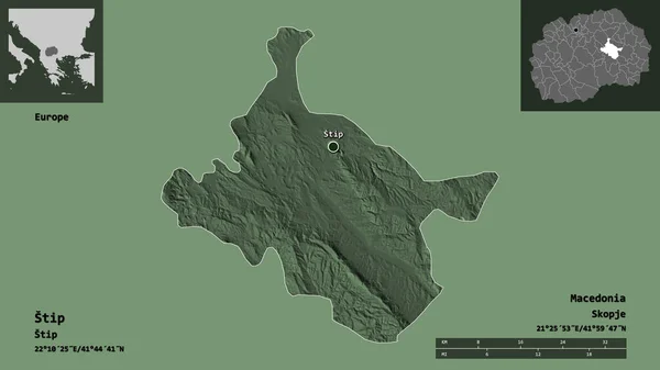ステップの形状 マケドニアの自治体 およびその首都 距離スケール プレビューおよびラベル 色の標高マップ 3Dレンダリング — ストック写真