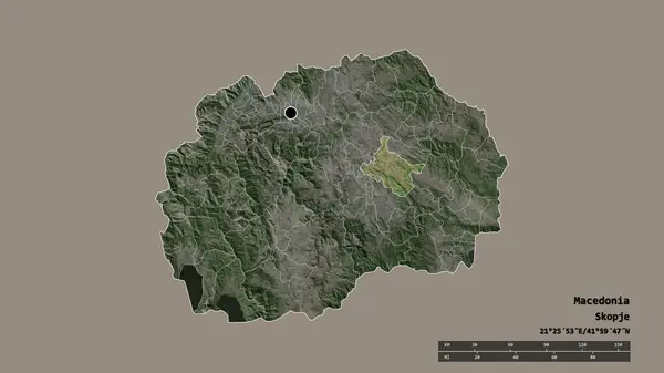 马其顿以首都 主要区域分部和分离的Stip地区为首都的退化形态 卫星图像 3D渲染 — 图库照片