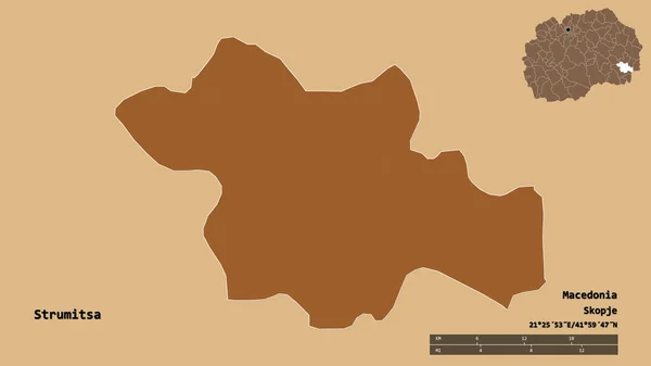 マケドニアの自治体であるStrumitsaの形は その首都はしっかりとした背景に隔離されています 距離スケール リージョンプレビュー およびラベル 規則的にパターン化されたテクスチャの構成 3Dレンダリング — ストック写真
