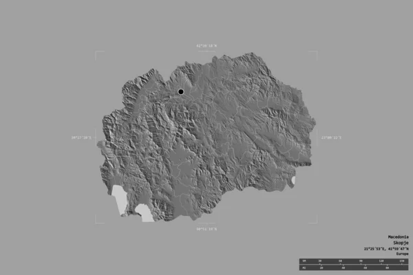 Area of Macedonia isolated on a solid background in a georeferenced bounding box. Main regional division, distance scale, labels. Bilevel elevation map. 3D rendering