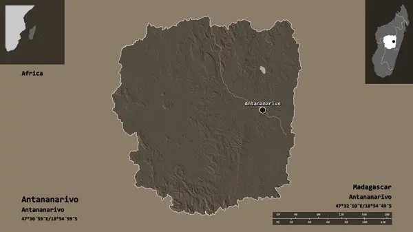 马达加斯加自治省塔那那利佛的形状及其首府 距离刻度 预览和标签 彩色高程图 3D渲染 — 图库照片