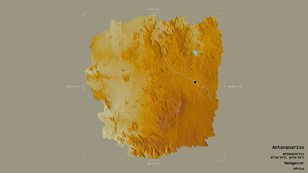 马达加斯加自治省塔那那利佛的一个地区 在一个地理参考方块中被隔离在坚实的背景下 地形浮雕图 3D渲染 — 图库照片