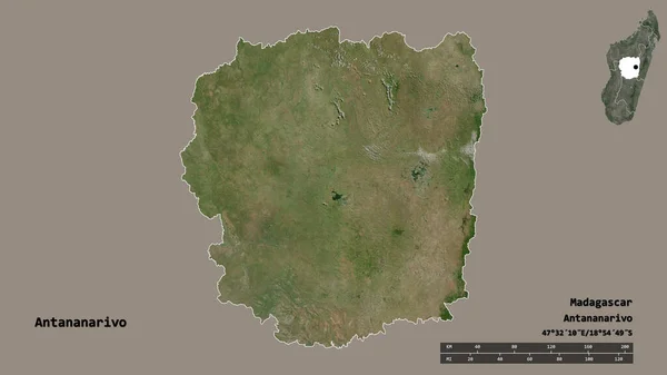 马达加斯加自治省塔那那利佛的形状 其首都在坚实的背景下与世隔绝 距离尺度 区域预览和标签 卫星图像 3D渲染 — 图库照片
