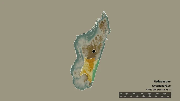 马达加斯加以首都 主要区域分部和分离的菲亚纳兰楚阿地区为首都的退化形态 地形浮雕图 3D渲染 — 图库照片