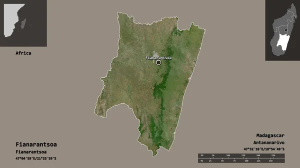 马达加斯加自治省菲亚纳兰楚阿的形状及其首都 距离刻度 预览和标签 卫星图像 3D渲染 — 图库照片
