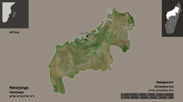 马达加斯加的马哈扬加省的形状及其首府 距离刻度 预览和标签 卫星图像 3D渲染 — 图库照片