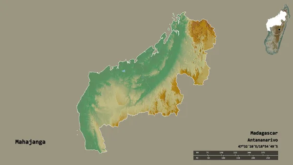 マダガスカルの自治州マハーガンガの形で その首都はしっかりとした背景に隔離されています 距離スケール リージョンプレビュー およびラベル 地形図 3Dレンダリング — ストック写真