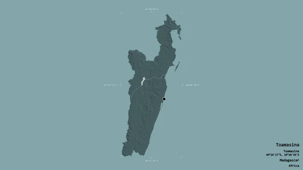 马达加斯加托阿马西纳自治区的一个地区 在一个地理参考方块中被隔离在坚实的背景下 彩色高程图 3D渲染 — 图库照片