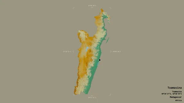 マダガスカルの自治州であるトアマシナの地域は 洗練された境界線の箱の中にしっかりとした背景に隔離されています ラベル 地形図 3Dレンダリング — ストック写真