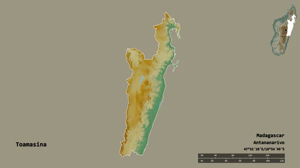 马达加斯加的图阿马西纳自治省的形状 其首都在坚实的背景下与世隔绝 距离尺度 区域预览和标签 地形浮雕图 3D渲染 — 图库照片