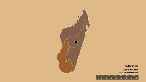 以首都 主要区域分部和分离的托利亚里地区为首都的马达加斯加的绝望形态 有规律的纹理的组成 3D渲染 — 图库照片