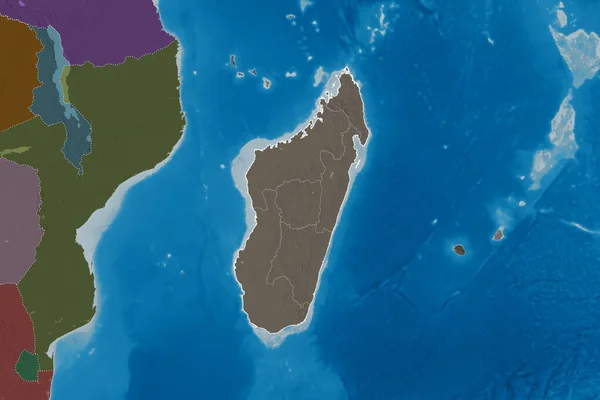 Расширенная Территория Мадагаскара Странами Международными Региональными Границами Цветная Карта Высоты — стоковое фото
