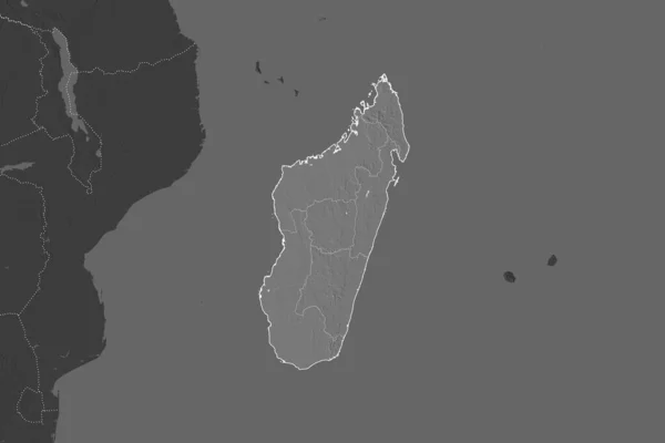 Kształt Madagaskaru Oddzielony Desaturacją Sąsiednich Obszarów Granice Dwupoziomowa Mapa Wysokości — Zdjęcie stockowe