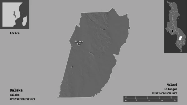 马拉维地区Balaka的形状及其首都 距离刻度 预览和标签 Bilevel高程图 3D渲染 — 图库照片