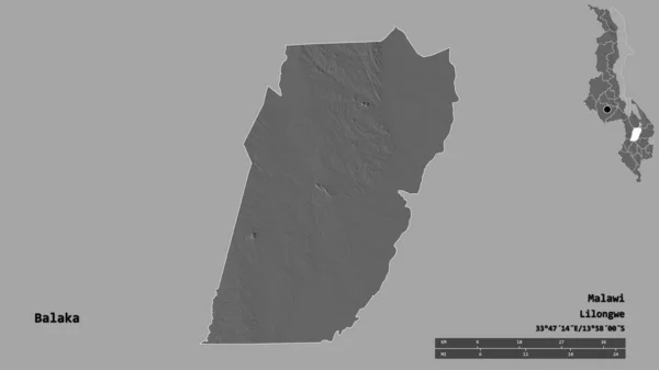 マラウィ地方のバラカの形で その首都はしっかりした背景に孤立しています 距離スケール リージョンプレビュー およびラベル 標高マップ 3Dレンダリング — ストック写真