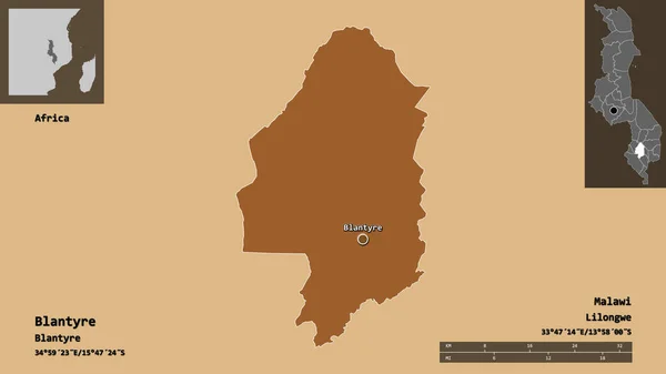 马拉维地区布兰太尔的形状及其首都 距离刻度 预览和标签 有规律的纹理的组成 3D渲染 — 图库照片