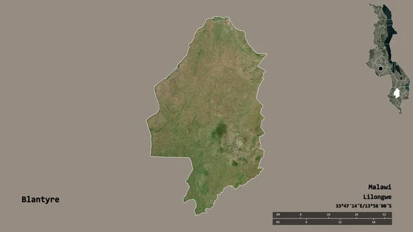马拉维布兰太尔区的形状 其首都被坚实的背景隔离 距离尺度 区域预览和标签 卫星图像 3D渲染 — 图库照片