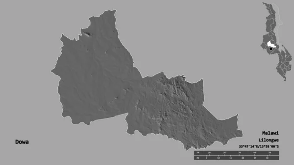 マラウィの地域であるドワの形は その資本がしっかりとした背景に隔離されています 距離スケール リージョンプレビュー およびラベル 標高マップ 3Dレンダリング — ストック写真