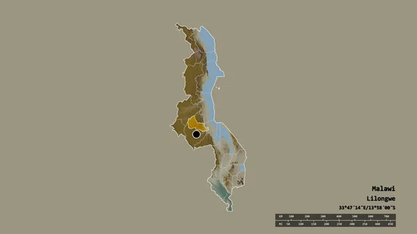 主要な地域部門と分離されたドゥワ地域とマラウィの荒廃した形 ラベル 地形図 3Dレンダリング — ストック写真