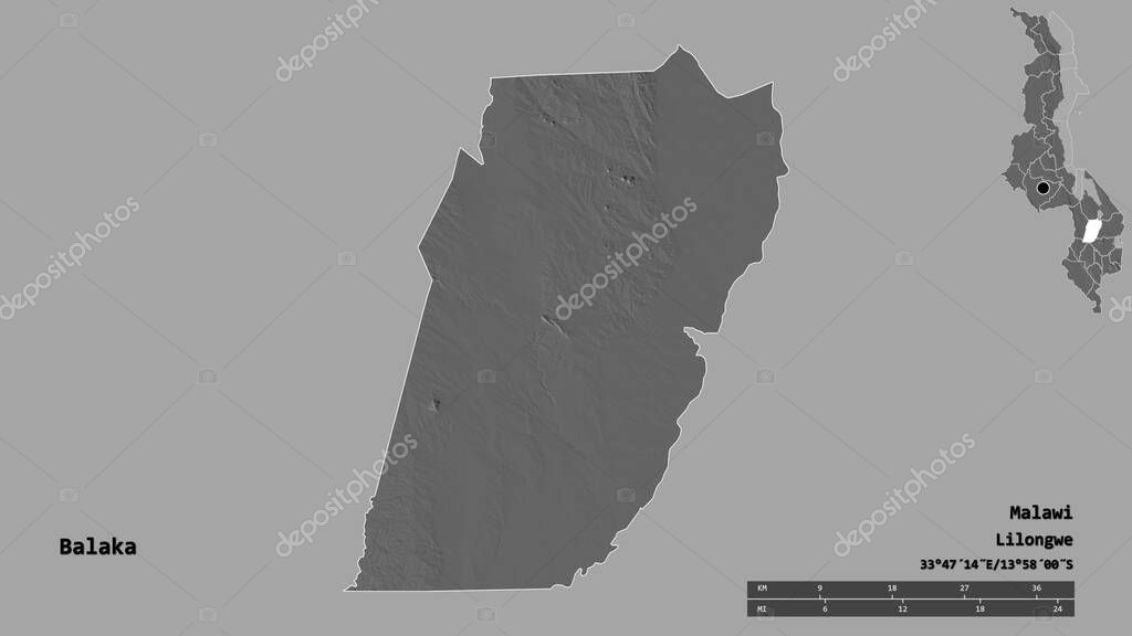 Forma de Balaka, distrito de Malawi, con su capital aislada sobre un