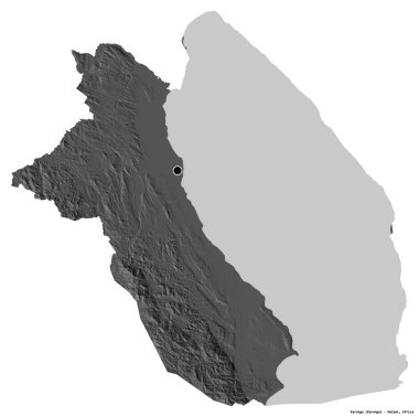 Malawi 'nin Karonga ilçesi, başkenti beyaz arka planda izole edilmiştir. Çift seviyeli yükseklik haritası. 3B görüntüleme