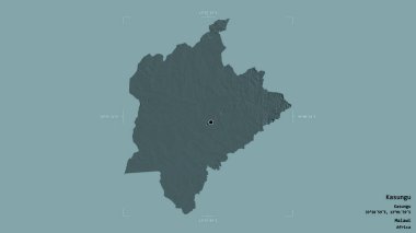 Kasungu bölgesi, Malawi bölgesi, jeoreferatlı bir sınır kutusunda sağlam bir arka planda izole edilmiş. Etiketler. Renkli yükseklik haritası. 3B görüntüleme