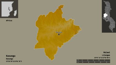 Kasungu 'nun şekli, Malawi bölgesi ve başkenti. Uzaklık ölçeği, ön gösterimler ve etiketler. Topografik yardım haritası. 3B görüntüleme