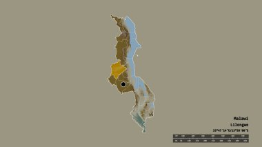 Başkenti, ana bölgesel bölümü ve ayrı Kasungu bölgesiyle Malawi 'nin dejenere edilmiş şekli. Etiketler. Topografik yardım haritası. 3B görüntüleme