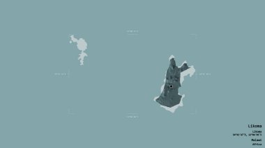 Likoma bölgesi, Malawi bölgesi, katı bir arka planda izole edilmiş bir sınır kutusunda. Etiketler. Renkli yükseklik haritası. 3B görüntüleme