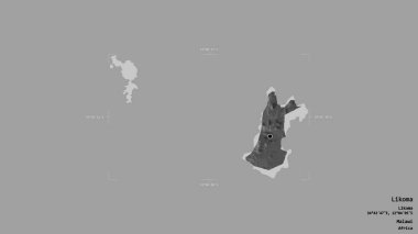 Likoma bölgesi, Malawi bölgesi, katı bir arka planda izole edilmiş bir sınır kutusunda. Etiketler. Çift seviyeli yükseklik haritası. 3B görüntüleme