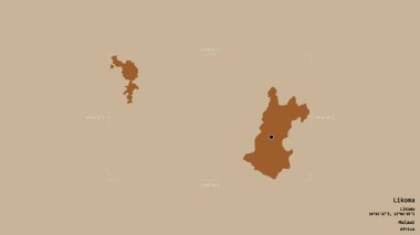 Likoma bölgesi, Malawi bölgesi, katı bir arka planda izole edilmiş bir sınır kutusunda. Etiketler. Desenli dokuların bileşimi. 3B görüntüleme
