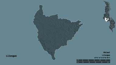 Malawi 'nin Lilongwe ilçesi, başkenti sağlam bir zemin ile izole edilmiştir. Uzaklık ölçeği, bölge önizlemesi ve etiketleri. Renkli yükseklik haritası. 3B görüntüleme