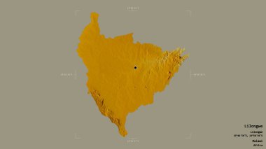 Lilongwe bölgesi, Malawi bölgesi, katı bir arka planda izole edilmiş bir sınır kutusunda. Etiketler. Topografik yardım haritası. 3B görüntüleme