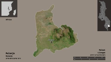Mulanje 'nin şekli, Malawi ilçesi ve başkenti. Uzaklık ölçeği, ön gösterimler ve etiketler. Uydu görüntüleri. 3B görüntüleme