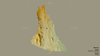 Mwanza bölgesi, Malawi bölgesi, katı bir arka planda izole edilmiş bir sınır kutusunda. Etiketler. Topografik yardım haritası. 3B görüntüleme