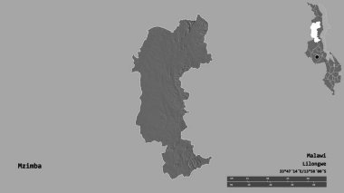 Mzimba 'nın Malawi ilçesi, başkenti sağlam arka planda izole edilmiştir. Uzaklık ölçeği, bölge önizlemesi ve etiketleri. Çift seviyeli yükseklik haritası. 3B görüntüleme