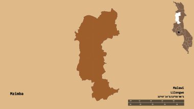 Mzimba 'nın Malawi ilçesi, başkenti sağlam arka planda izole edilmiştir. Uzaklık ölçeği, bölge önizlemesi ve etiketleri. Düzenli desenli dokuların bileşimi. 3B görüntüleme