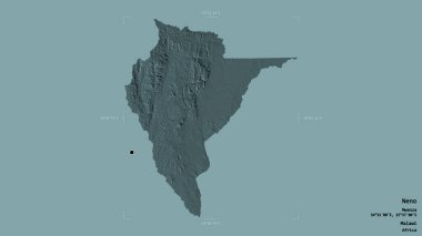 Neno bölgesi, Malawi bölgesi, katı bir arka planda izole edilmiş bir sınır kutusunda. Etiketler. Renkli yükseklik haritası. 3B görüntüleme