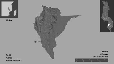 Neno 'nun şekli, Malawi ilçesi ve başkenti. Uzaklık ölçeği, ön gösterimler ve etiketler. Çift seviyeli yükseklik haritası. 3B görüntüleme