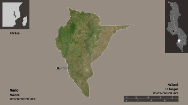 Neno 'nun şekli, Malawi ilçesi ve başkenti. Uzaklık ölçeği, ön gösterimler ve etiketler. Uydu görüntüleri. 3B görüntüleme