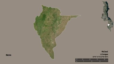 Malawi 'nin Neno ilçesi, başkenti katı bir zemin ile izole edilmiştir. Uzaklık ölçeği, bölge önizlemesi ve etiketleri. Uydu görüntüleri. 3B görüntüleme